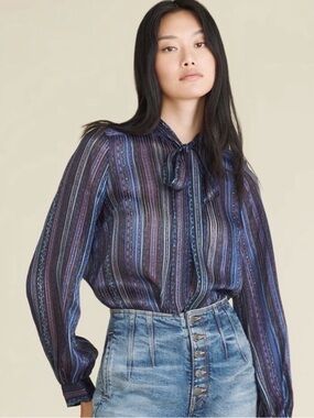 Veronica Beard Malaya Silk Blend Tie Neck Striped Blouse
